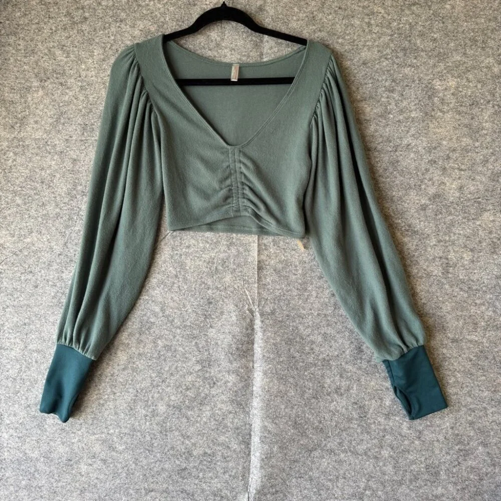 Intimately Free People Green Puff Sleeve Modal Ruched Front Crop Top Size XS